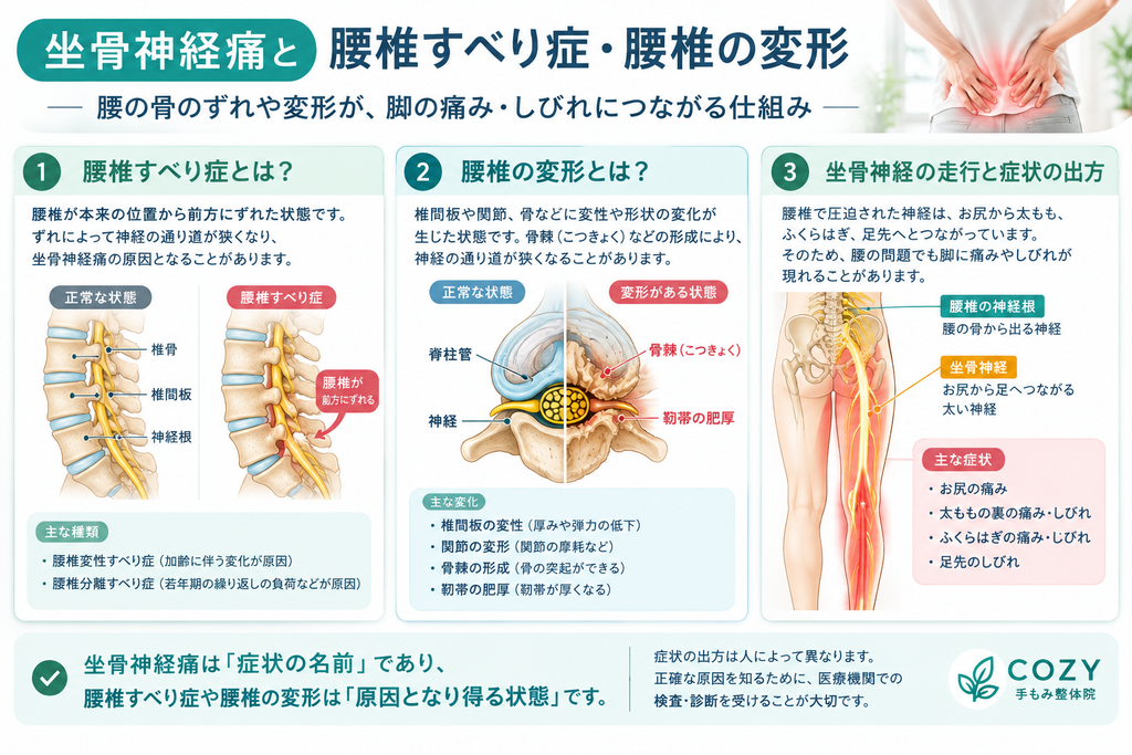 坐骨神経痛と腰椎すべり症・腰椎の変形の比較図