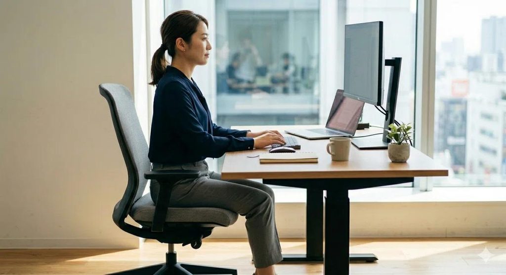 長時間のデスクワークをする女性
