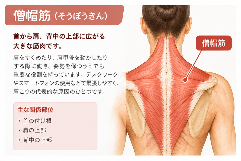 僧帽筋のイメージと働きを説明した画像