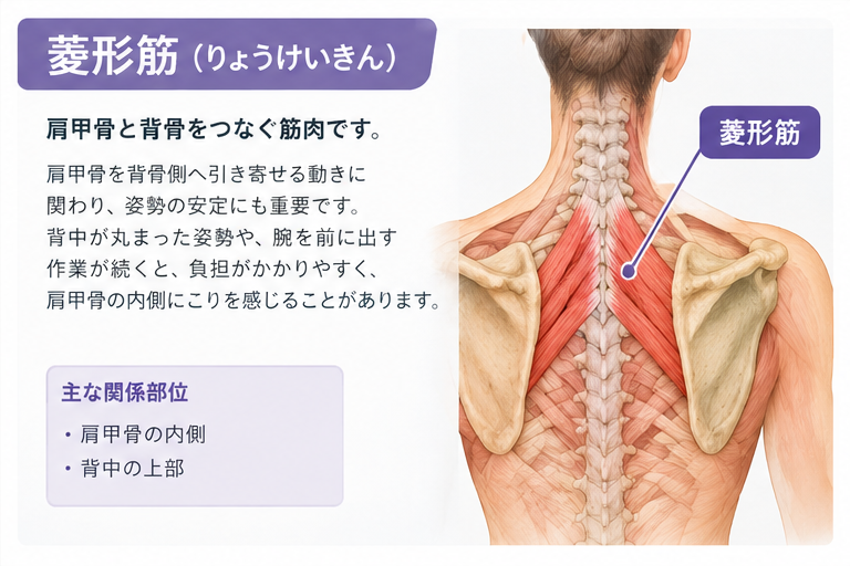 菱形筋のイメージと働きを説明した画像